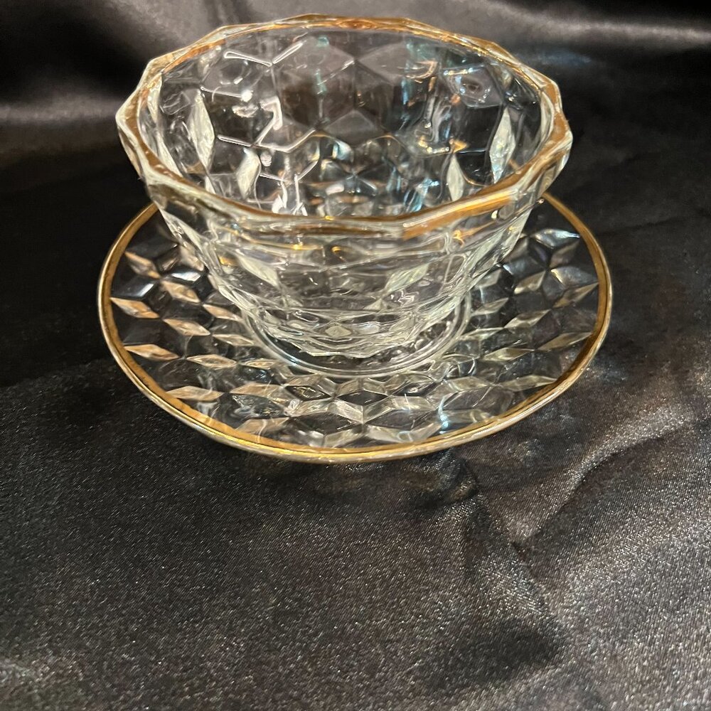 VTG Jeannette Glass Cube Cubist Pattern Mayonnaise Bowl and Underplate Gold Rim